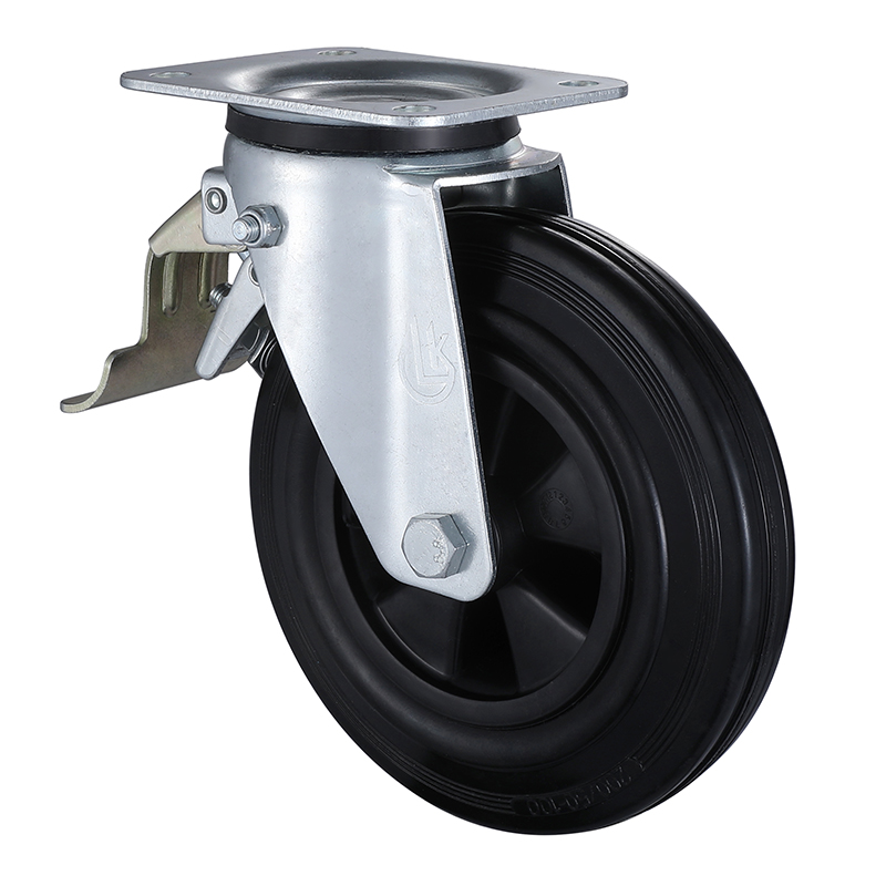 Swivel Castors with Tail Lock 200mm Load 205kg Black Solid Rubber wheels